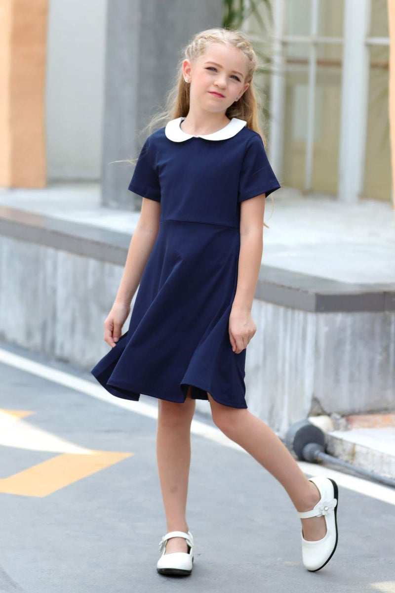 GORLYA Girl's Short Sleeve Casual Vintage Peter Pan Collar Fit and Flare Skater Party Dress with Pockets (GOR1006, 9-10Y, Navy) - Image 5